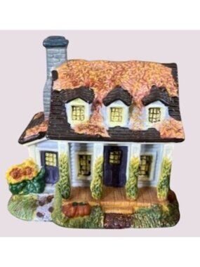 Autumn Harvest Ceramic House Figurine With Pumpkins & Turkeys Fall-Themed Decor